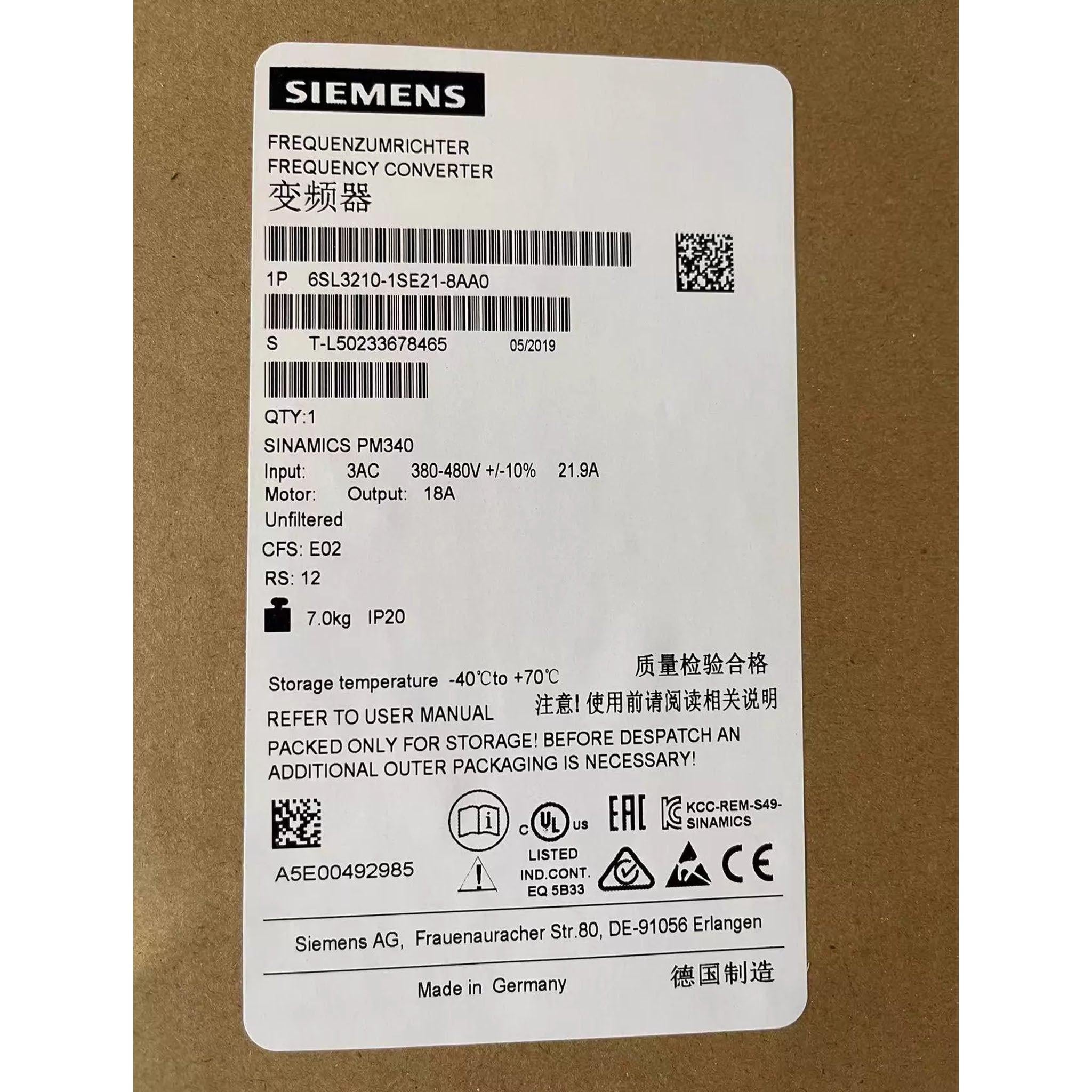 Siemens 6SL3210-1SE21-0AA0 SINAMICS S120 PM340 Power Module – 4.0kW / 10A with Integrated Filter.